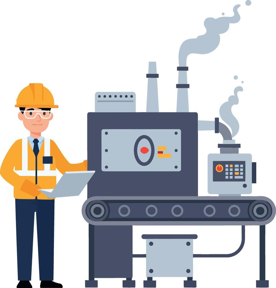 Worker operating machine with control panel in flat art vector