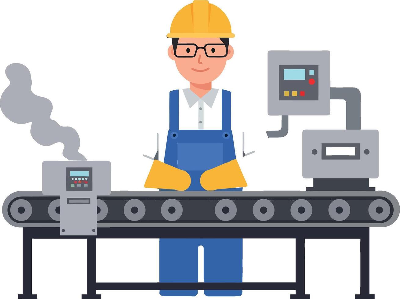 Worker operating machinery on conveyor belt in flat illustration vector
