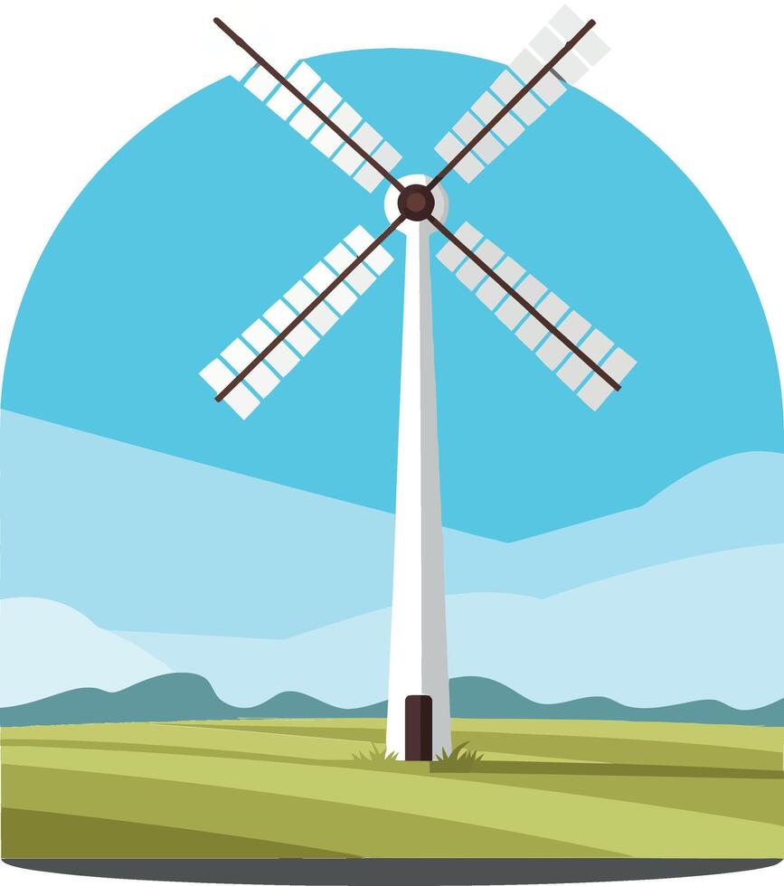 Wind turbine rotating in flat design with green landscape art vector