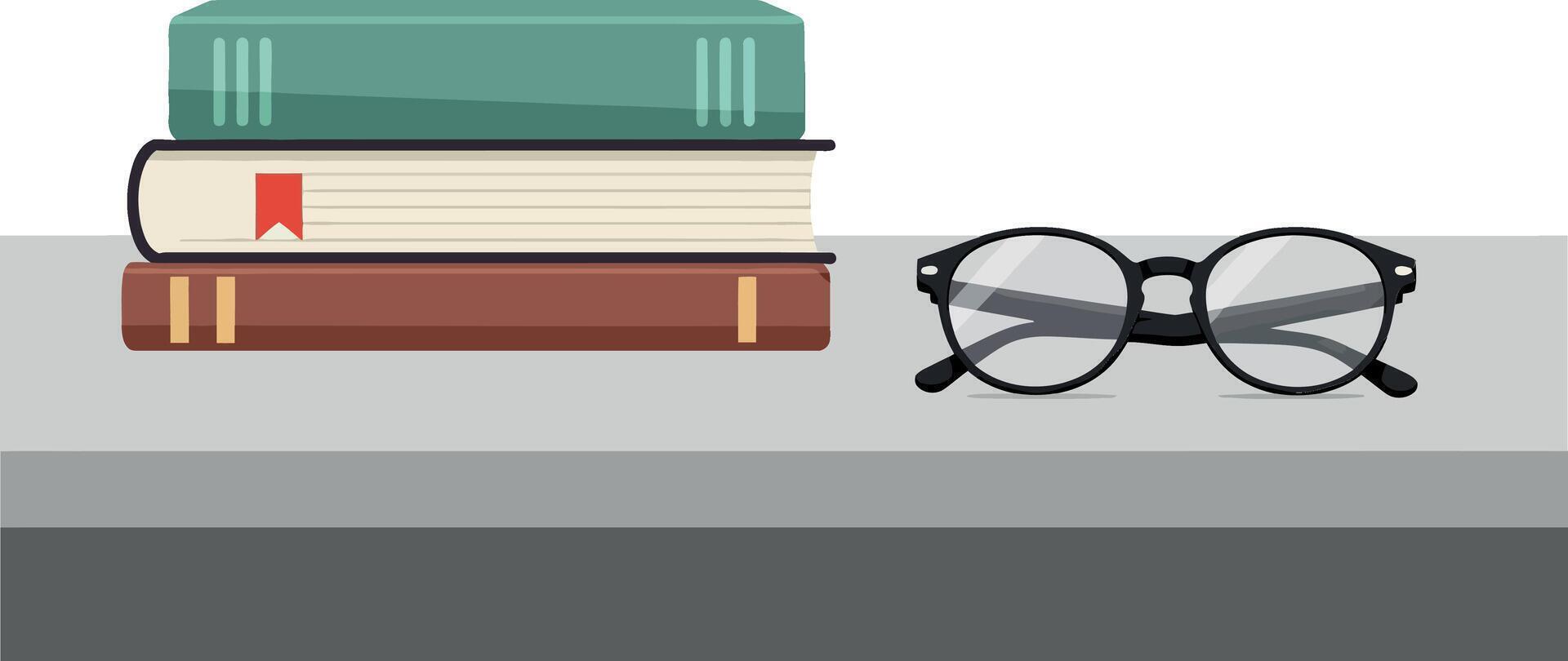 Stacked books and glasses in minimal flat illustration vector