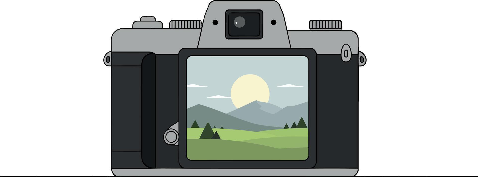 Camera capturing beautiful landscape scene in flat illustration vector