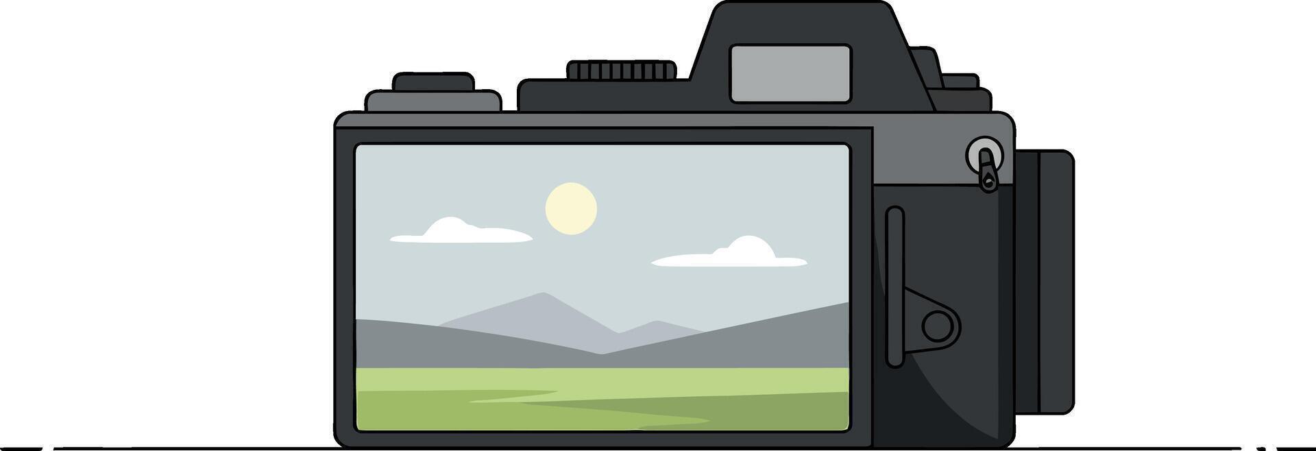 Camera displaying beautiful landscape scene in flat art vector