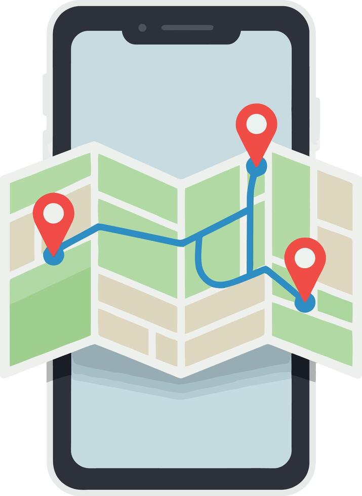 Smartphone displaying map with location markers in flat art vector