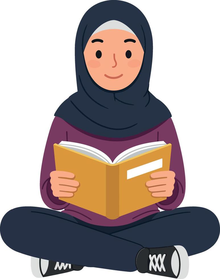 Young woman in hijab reading a book in flat art vector