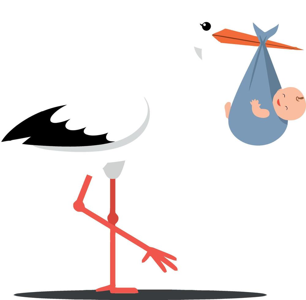 Stork delivering baby in playful and colorful flat art vector