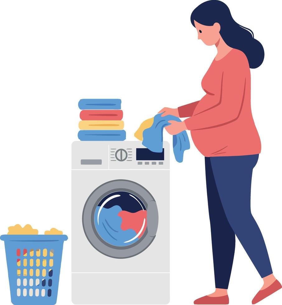 Woman doing laundry with washing machine in flat illustration vector