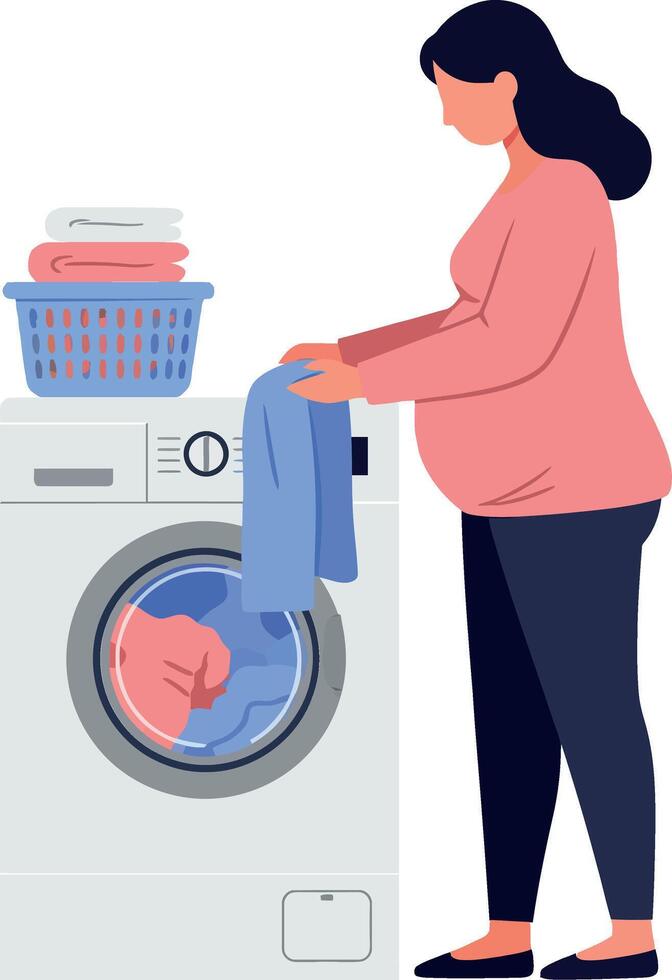 Pregnant woman doing laundry with washing machine in flat art vector
