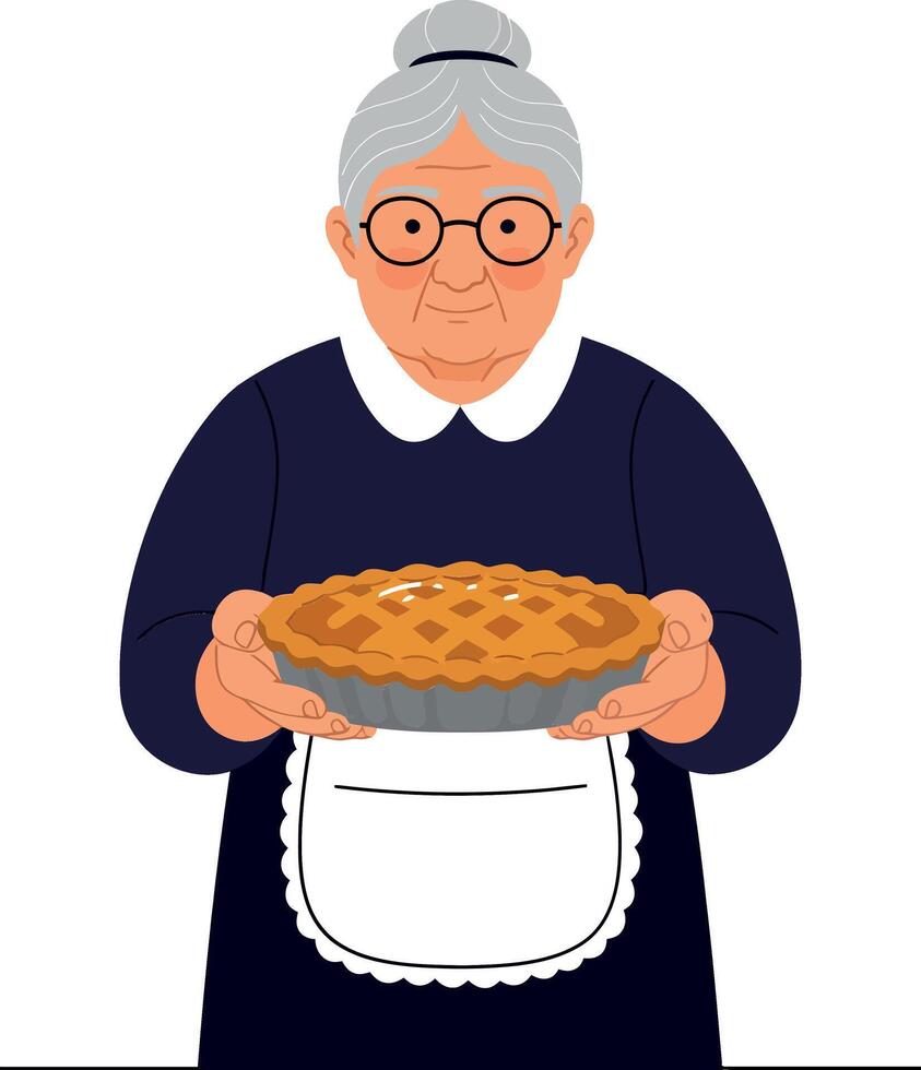 Grandmother holding a freshly baked pie in minimal art vector