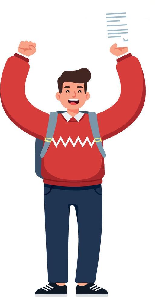 Happy student celebrating success with papers in flat art vector