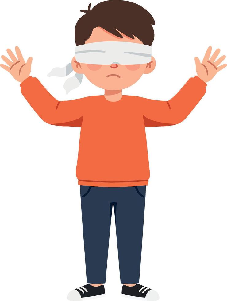 Child with blindfold exploring space in flat art vector
