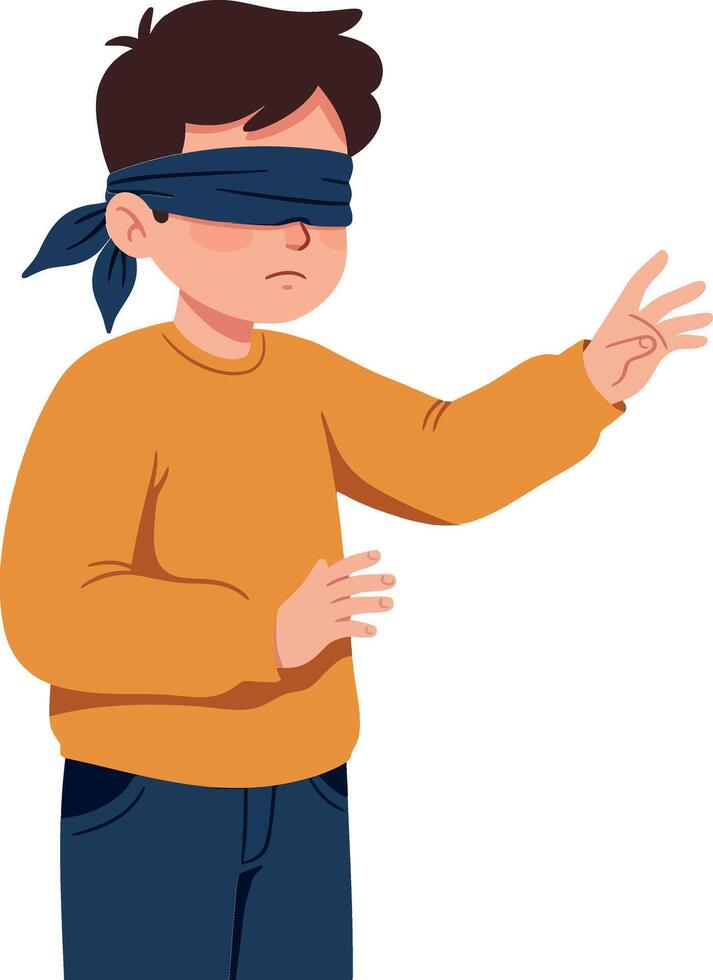 Boy wearing a blindfold reaching out in flat art vector