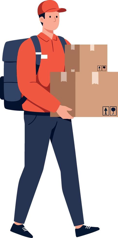 Delivery person carrying boxes in a flat design art vector