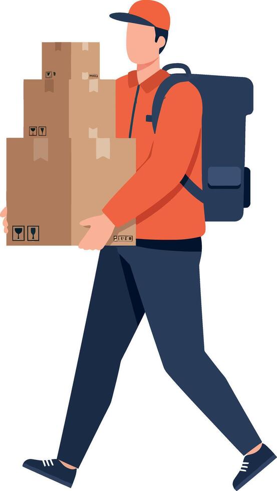 Delivery person carrying stacked boxes in flat art style vector