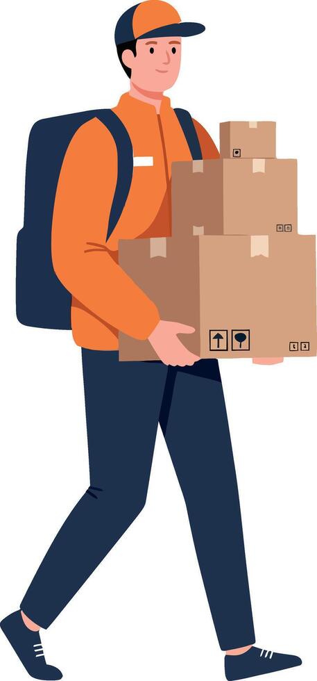 Delivery person carrying stacked boxes in flat illustration vector