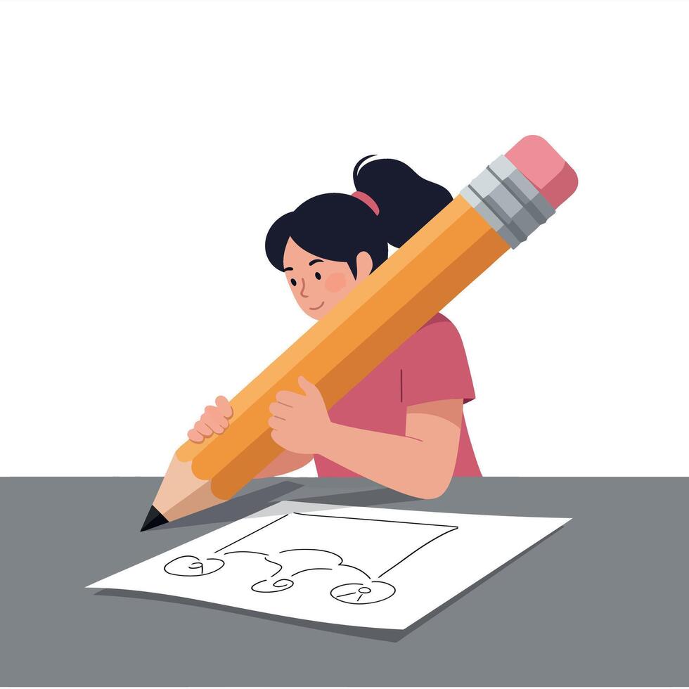 Girl drawing a car design with oversized pencil in flat art vector