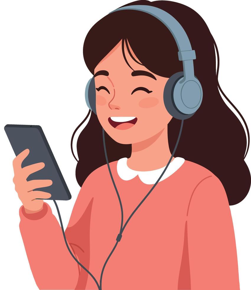 Happy girl listening to music with headphones in flat art vector