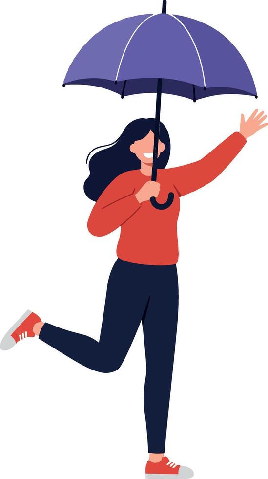 Happy woman dancing with umbrella in flat art vector