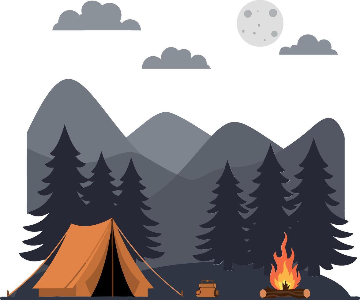 Camping scene with tent, fire, and mountains in flat art vector