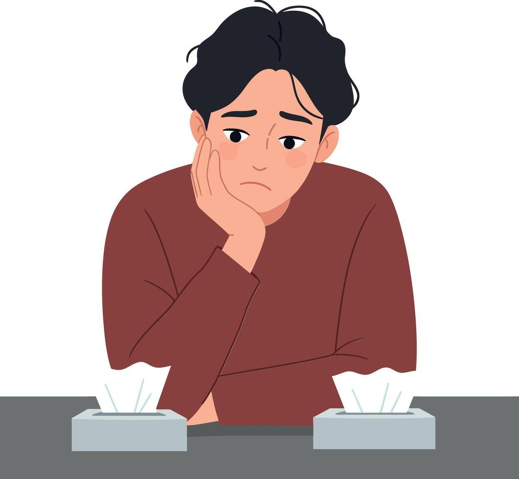 Sad young man with tissues in minimal flat art vector