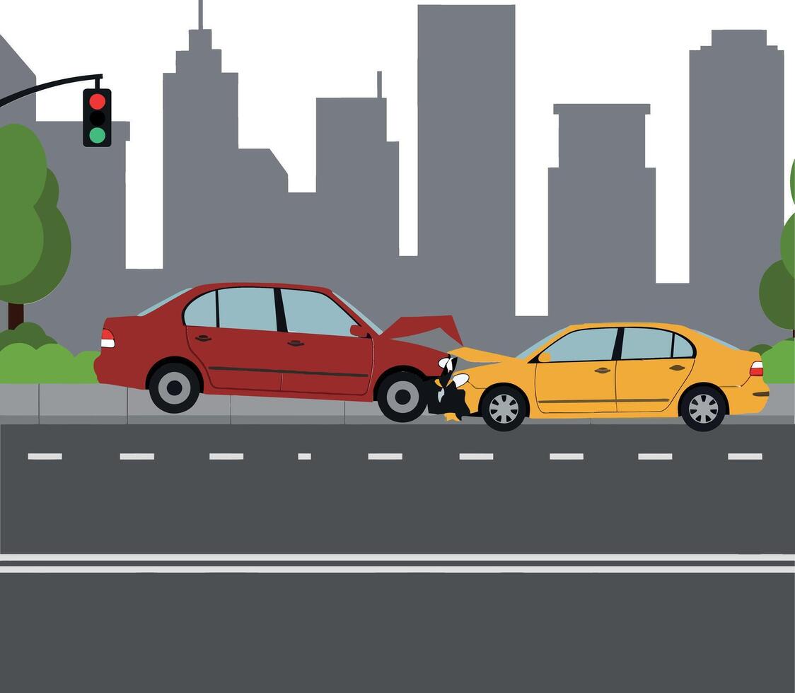 Car accident scene in urban setting depicted in flat art vector
