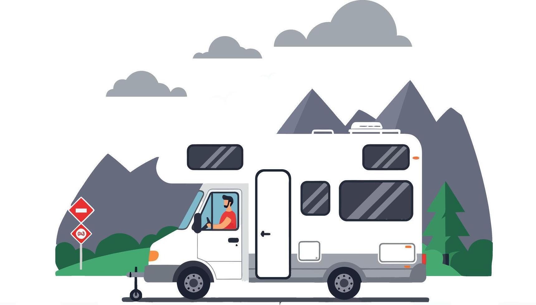 RV traveling through mountains in flat illustration style vector