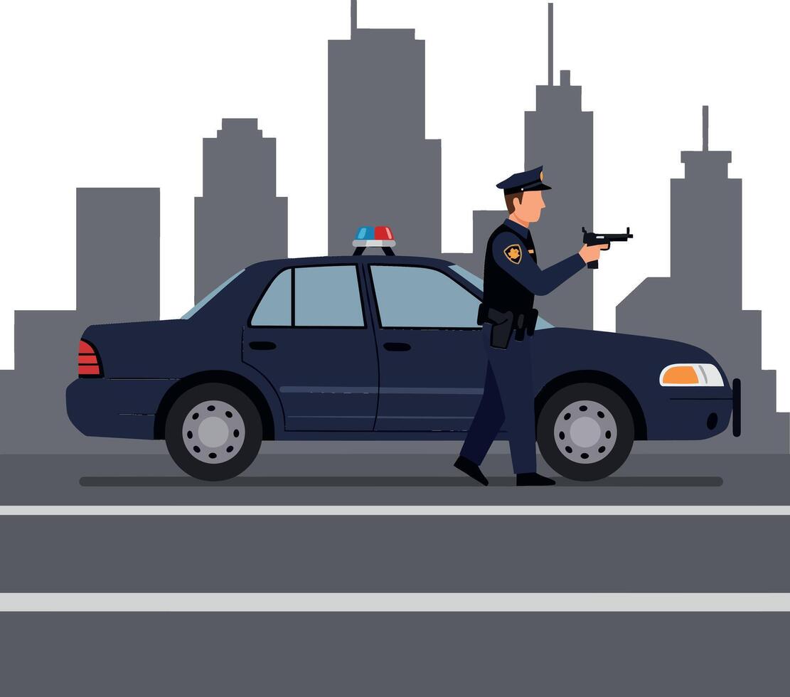 Police officer aiming weapon next to patrol car in flat art vector