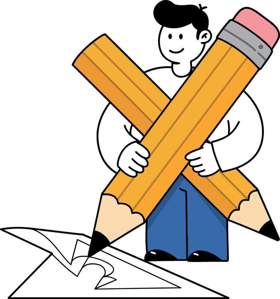Character holding two oversized pencils in flat illustration vector