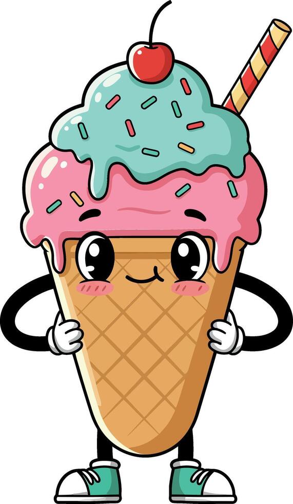 Cute ice cream cone character with pastel colors in flat art vector