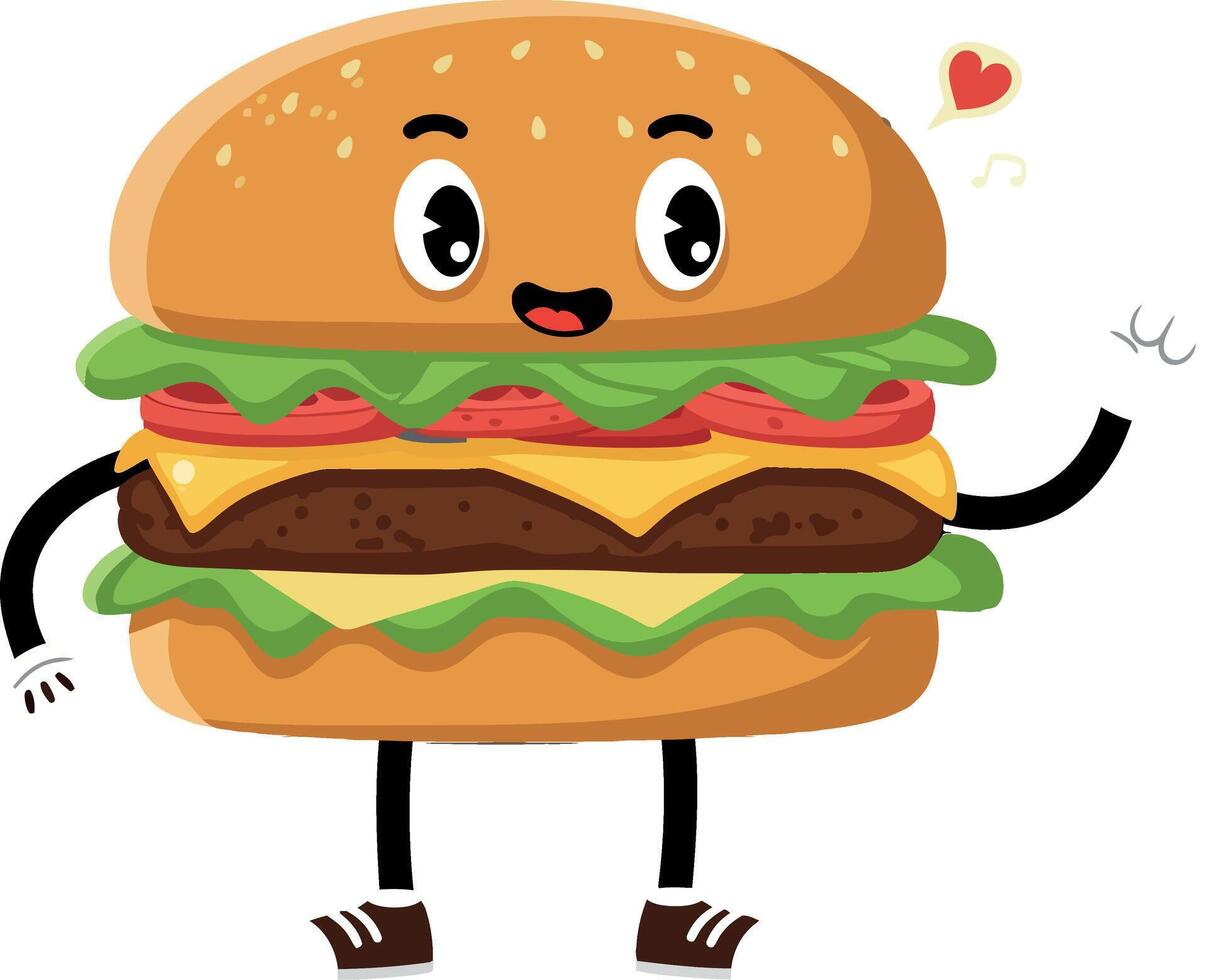 Happy cartoon hamburger character in flat style art vector