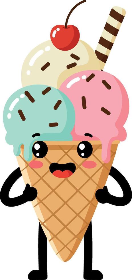 Cute cartoon ice cream cone character in flat illustration vector