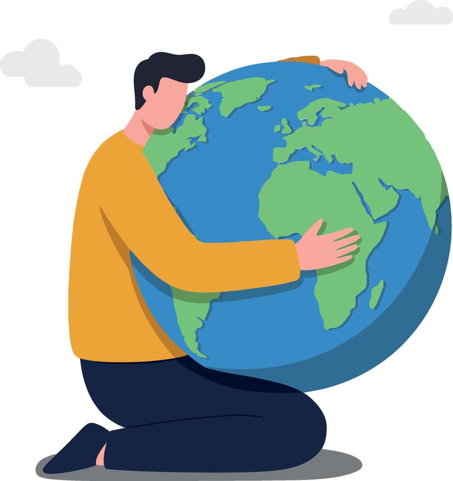 Person embracing the Earth in a flat and colorful illustration vector