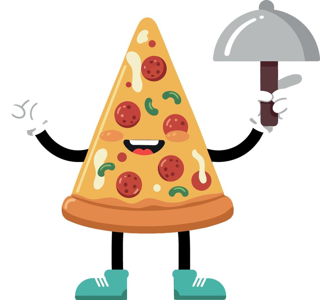 Pizza character holding a pizza cutter in flat illustration vector