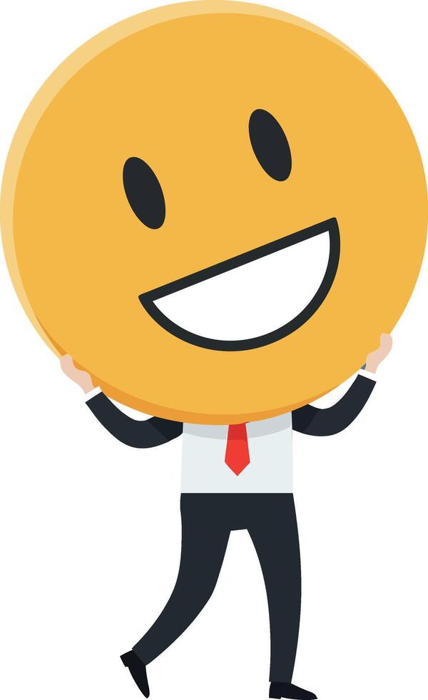 Happy character holding a large smiley face in flat art vector