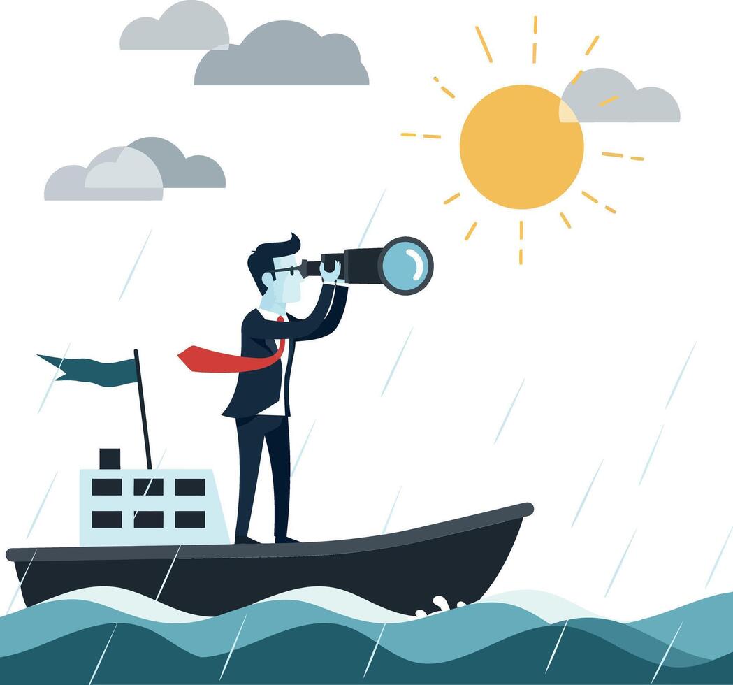 Businessman in a boat using binoculars in flat art vector