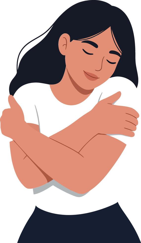 A woman embracing herself in a caring manner, minimal style, expressing self-love and comfort, illustration vector