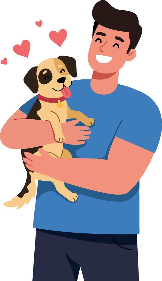 Happy man holding a small dog with hearts in a colorful flat illustration vector