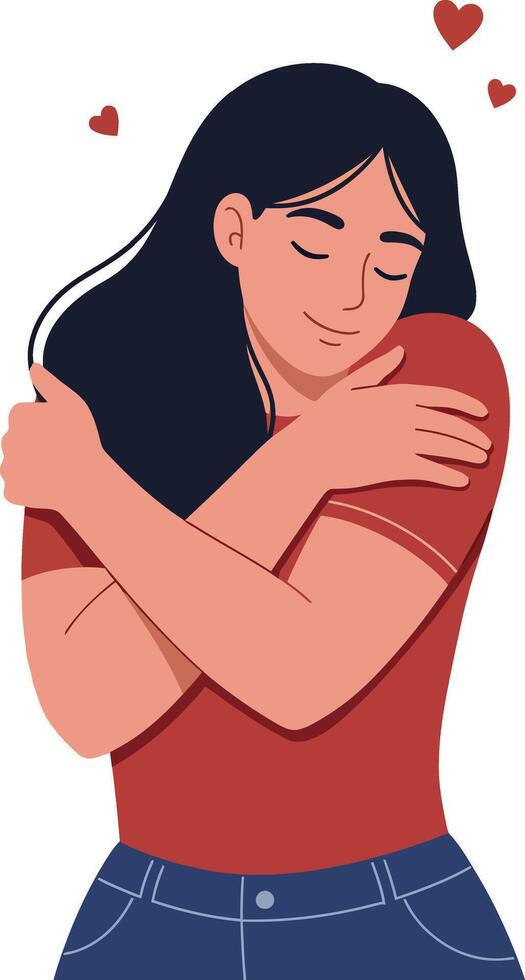 A woman embracing herself with a joyful expression in flat illustration style with hearts surrounding her vector