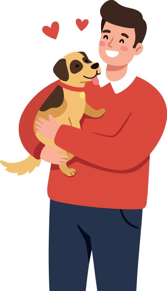 A joyful man in a red sweater holding a happy dog in a flat illustration vector