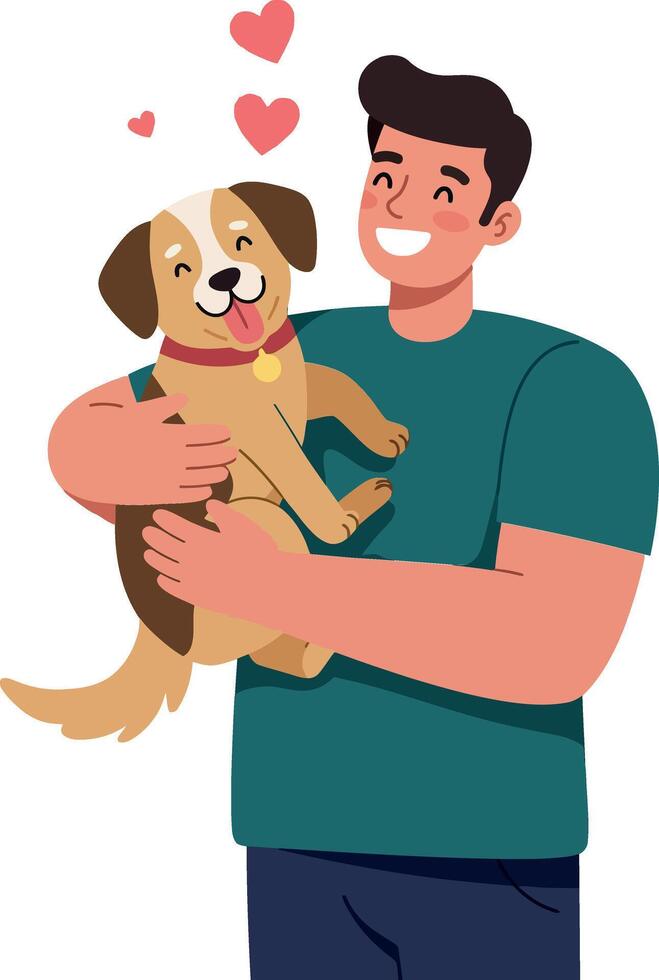 Happy man holding a cheerful dog with hearts in a flat illustration vector