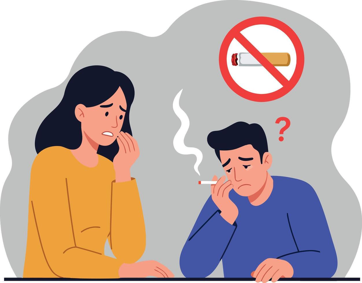 Concerned woman and man discussing smoking addiction in flat illustration vector
