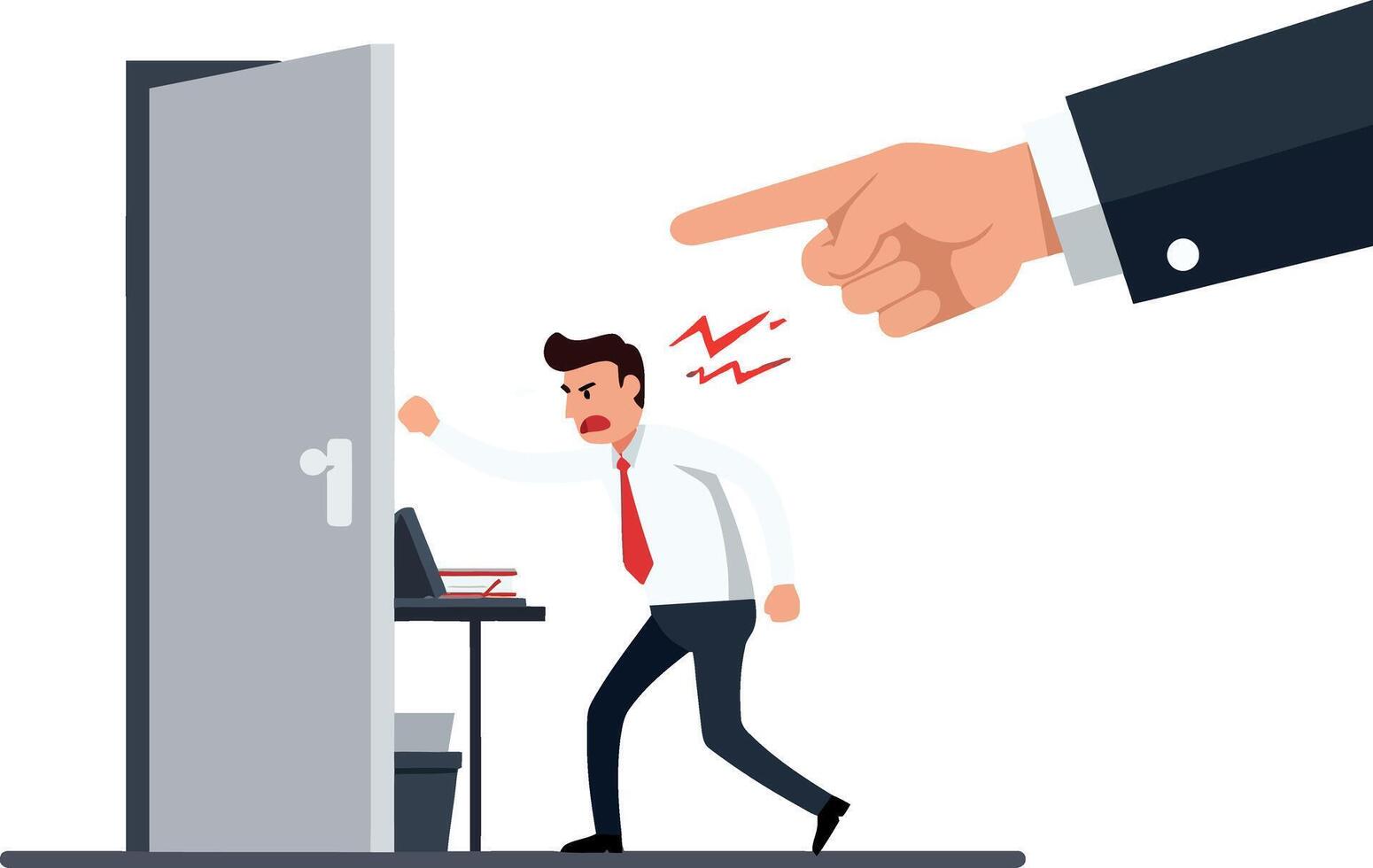 A distressed businessman entering an office with a looming hand pointing at him in flat illustration vector