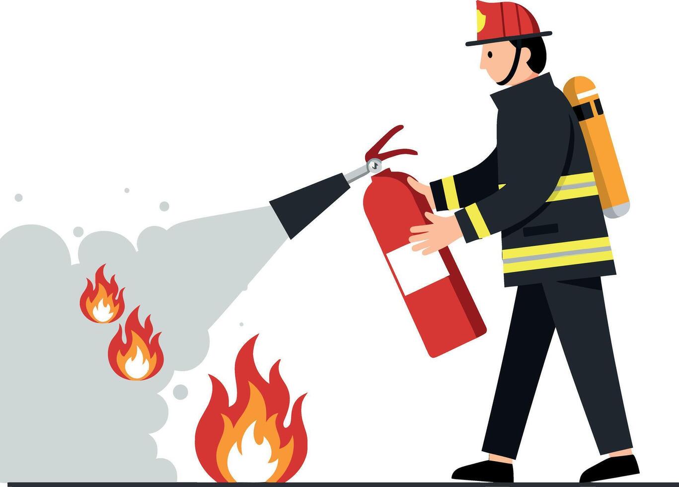 Firefighter in uniform using a fire extinguisher to combat flames in a flat illustration vector