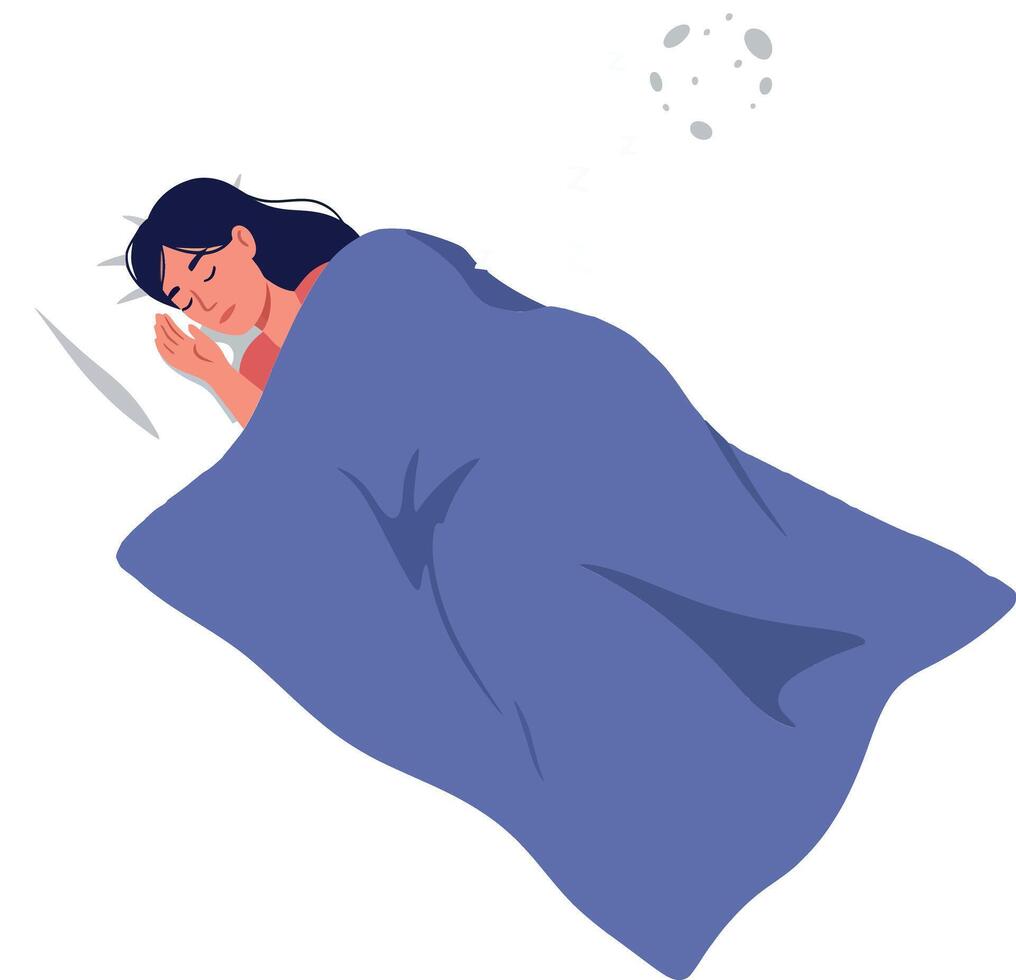Woman peacefully sleeping under a blue blanket in a minimal style illustration vector