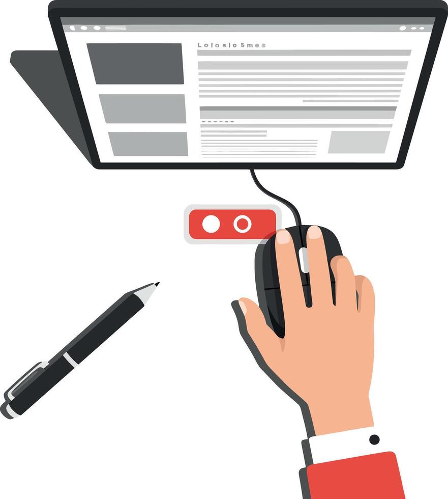 Hand using a computer mouse beside a tablet and pen in a minimal illustration vector