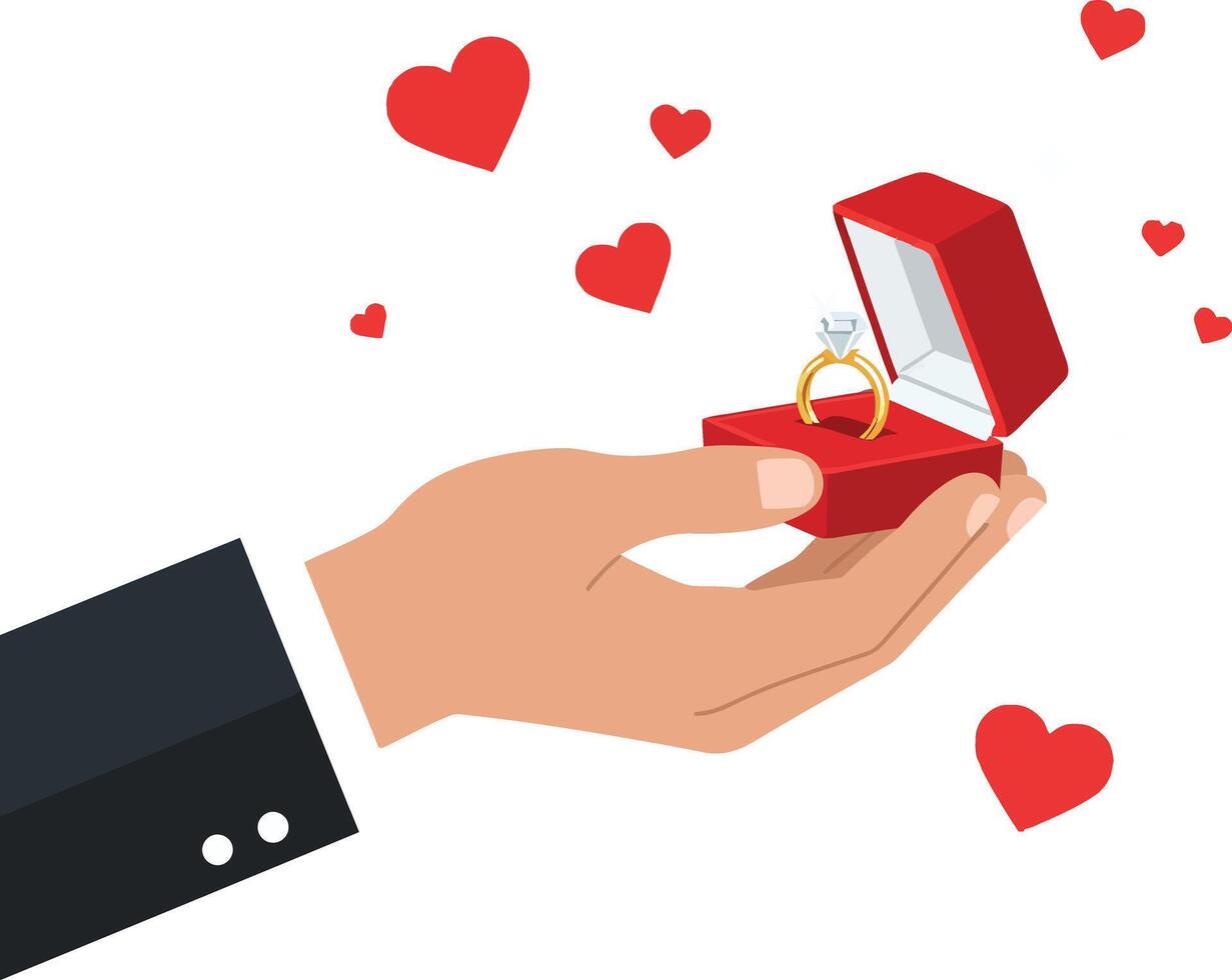 A hand presenting a red jewelry box with a golden ring surrounded by floating hearts in flat art vector