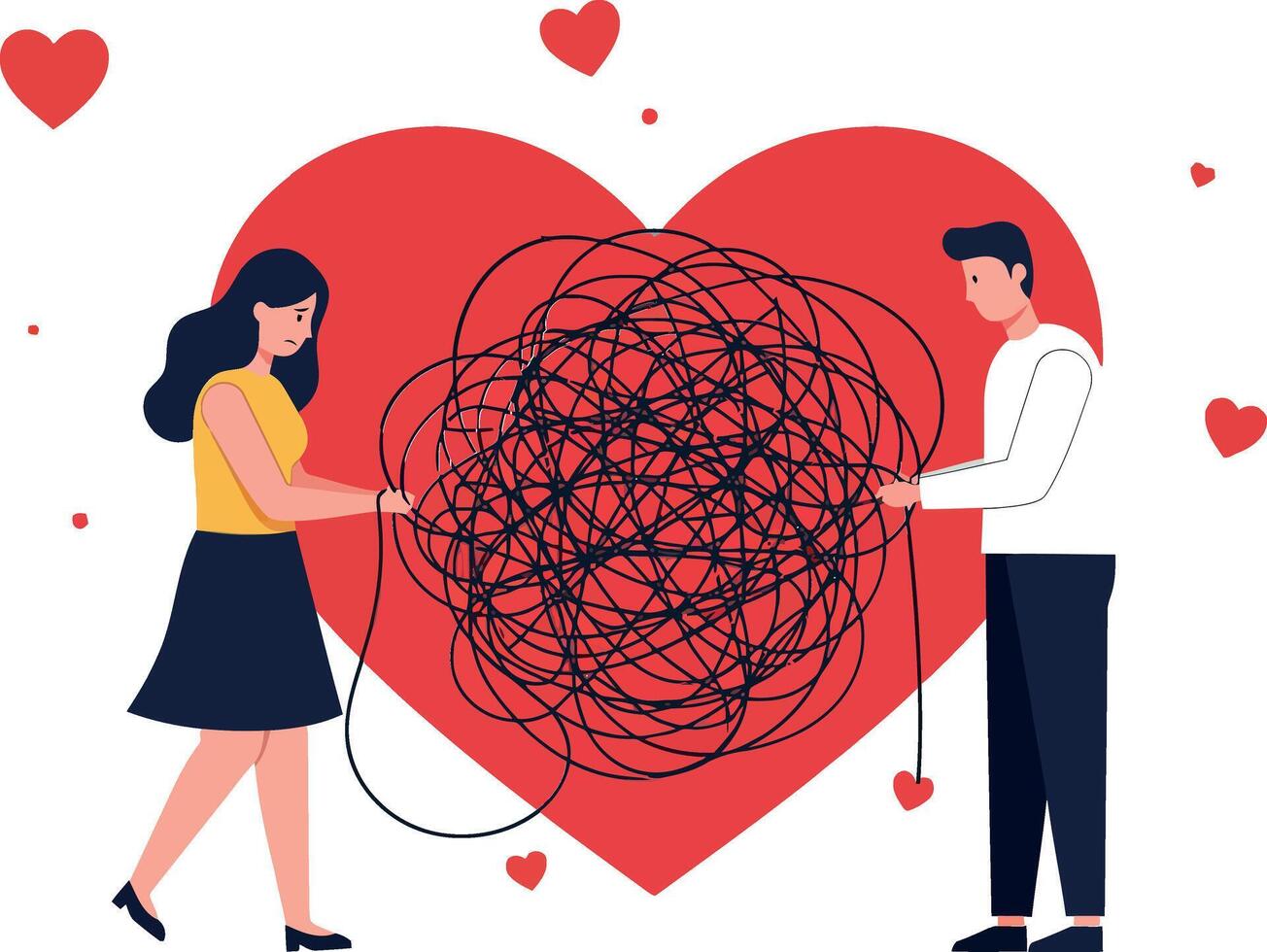 A couple untangling a messy string while standing in front of a large red heart in flat art vector