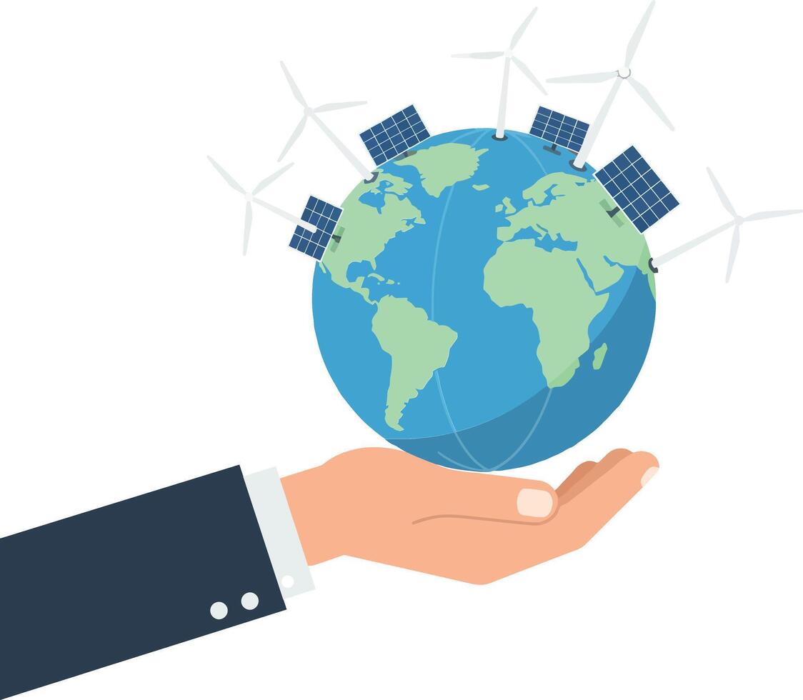 A hand holding a globe with solar panels and wind turbines in a flat illustration vector