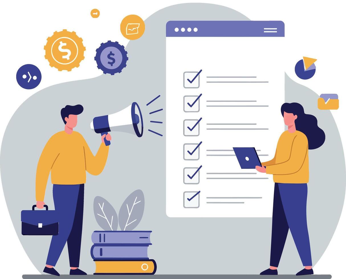 Two professionals collaborating in a flat style while discussing project tasks with charts and checklists in a modern workspace art vector