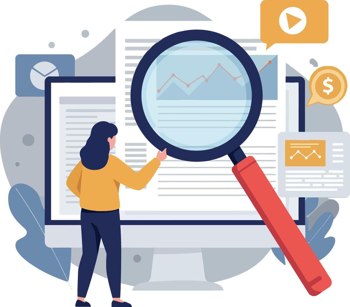 A woman analyzing data on a computer screen with a magnifying glass in flat illustration vector