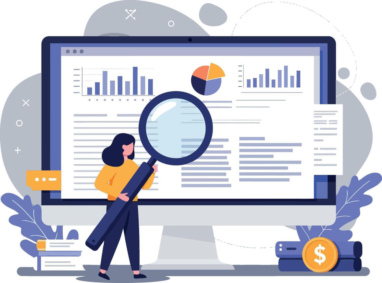 A woman analyzing data on a large screen with a magnifying glass in a flat illustration vector